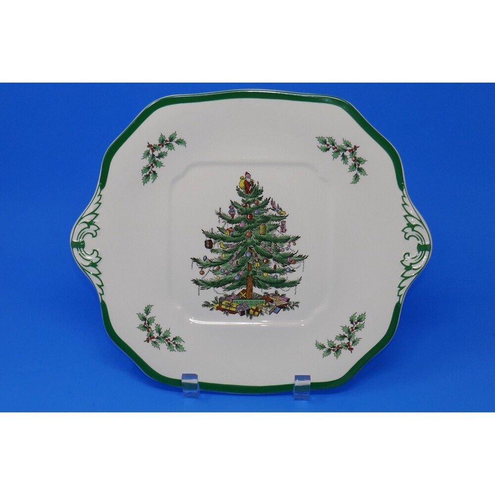 Spode Christmas Tree Green Trim Square Handled Cake Plate S3324-V